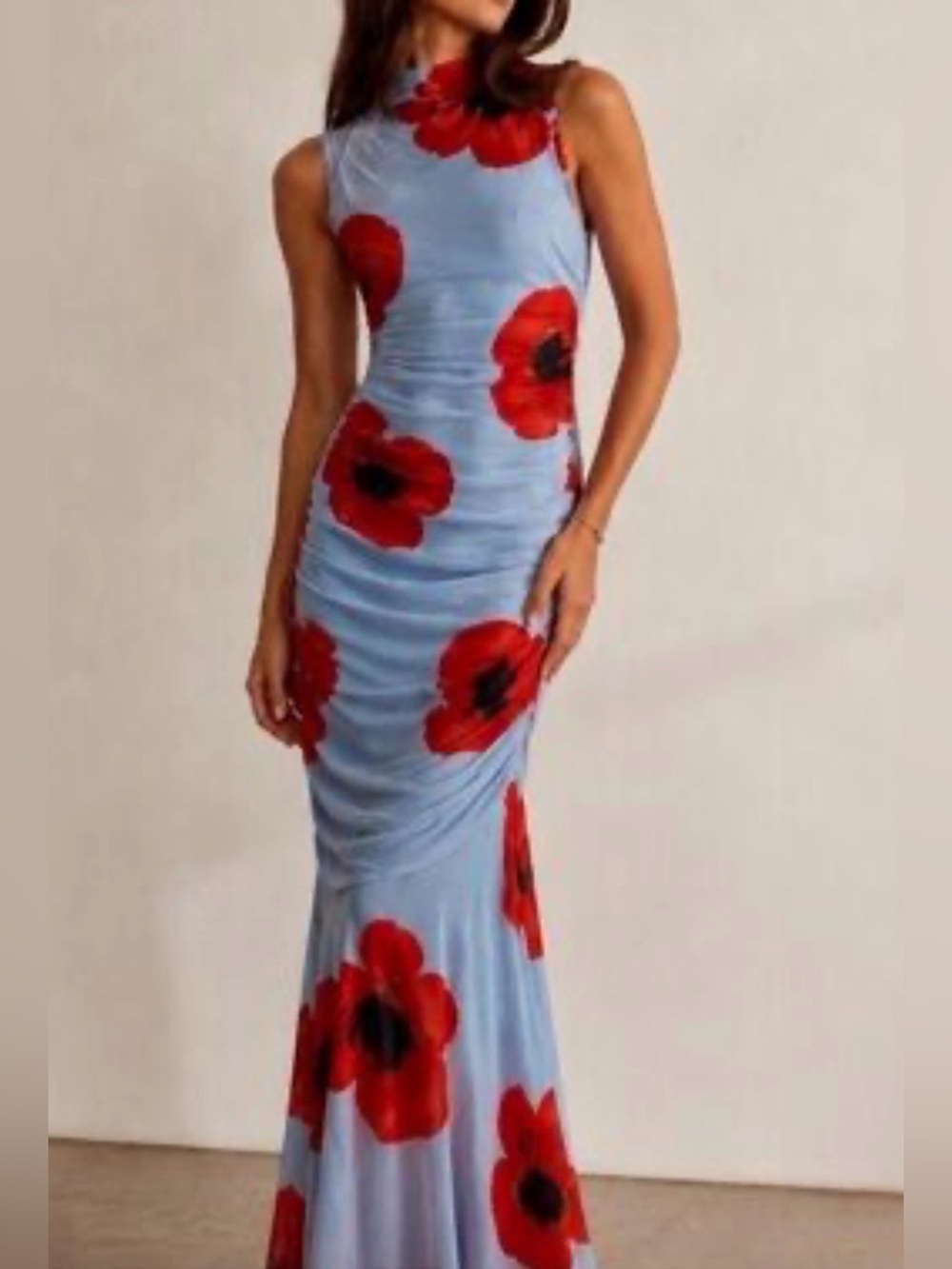 NEW Sincerely Jules For Bandier Medium Blue Red Floral Orchid Ruched Maxi Dress